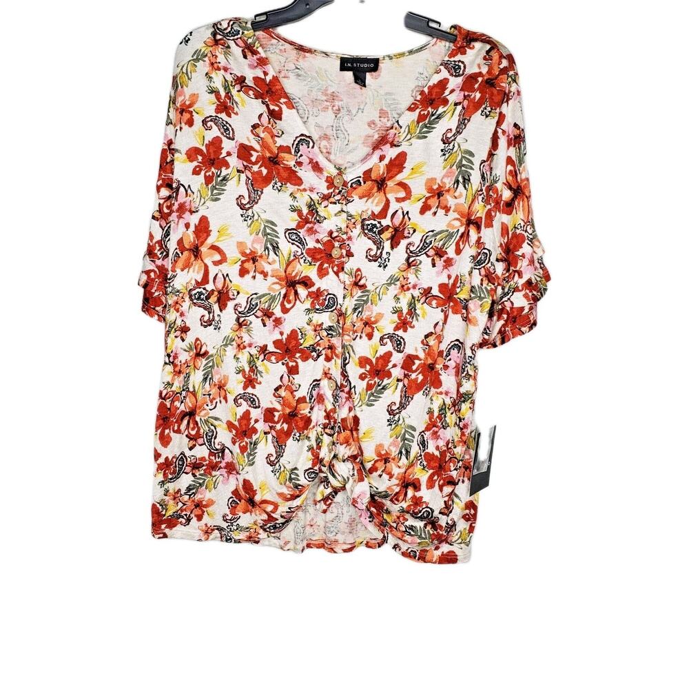 I N Studio Womens Large Multicolor Floral Tie Front Peasant Stretch Knit Top